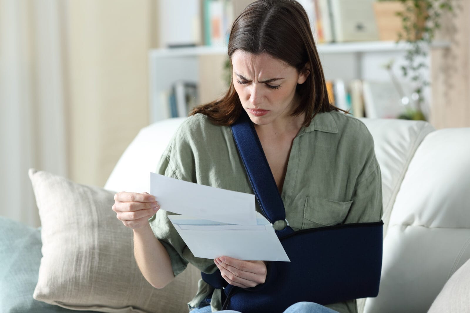 Woman wearing an arm sling reviews a letter with a furrowed brow.